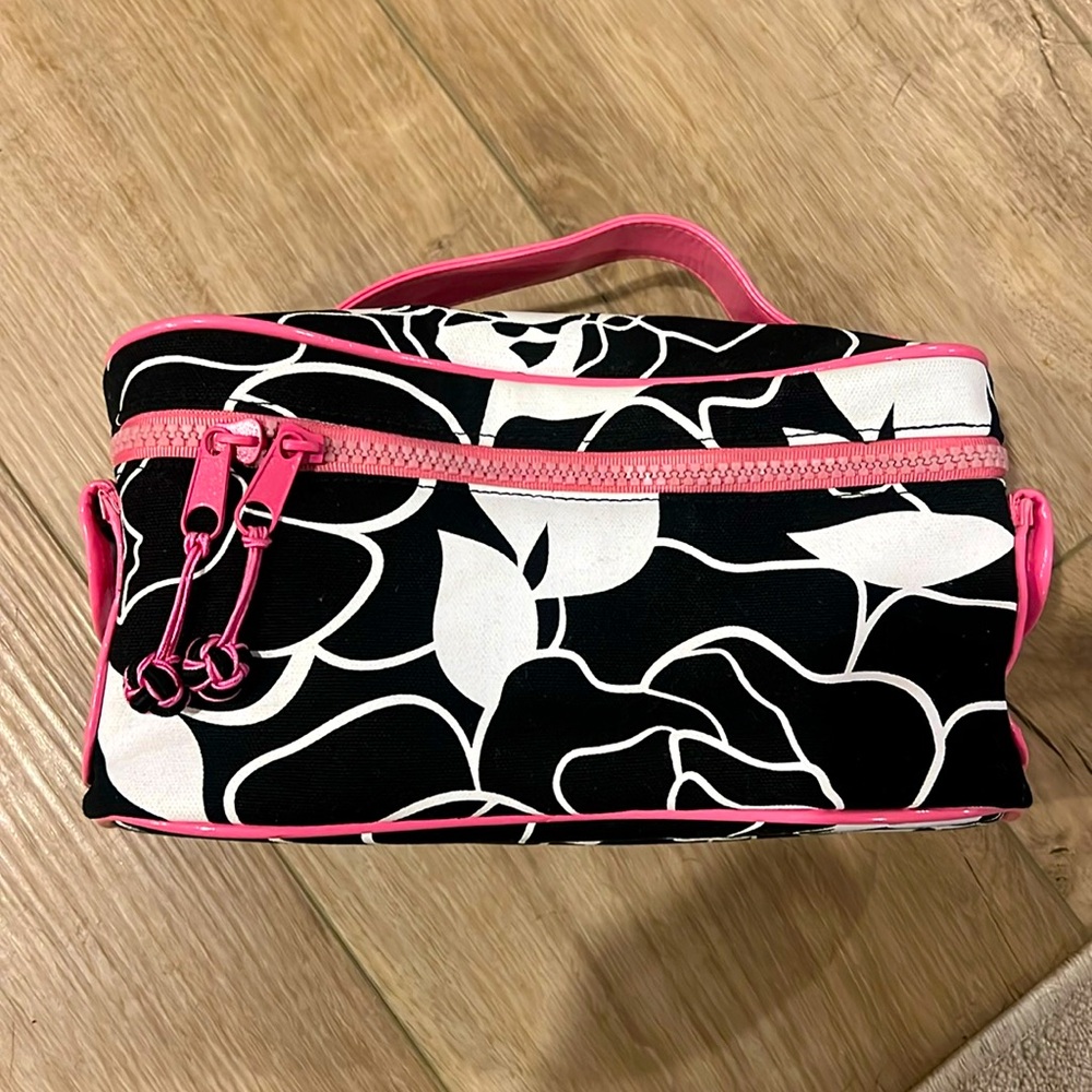 Stephanie Johnson Black and White Floral Cosmetic Bag Pink Trim